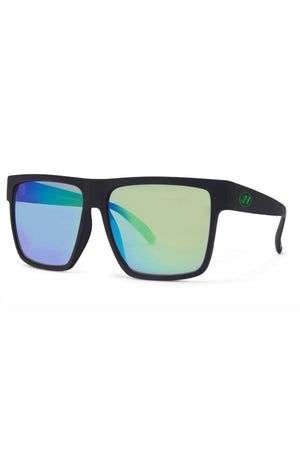 Liive X Pulse X Polar Sunglasses feature a lightweight nylon frame, black rectangular mirrored lenses in blue and green hues, and a small green logo on the left temple.