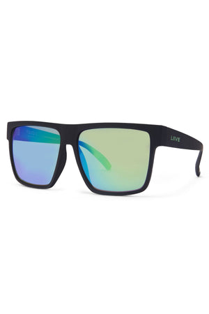 The Liive X Wrath X Mirror Polar Sunglasses feature a black rectangular frame, greenish-blue mirrored polarized lenses, impact resistance, UV protection, and a subtle "LIIVE" logo on the left temple.