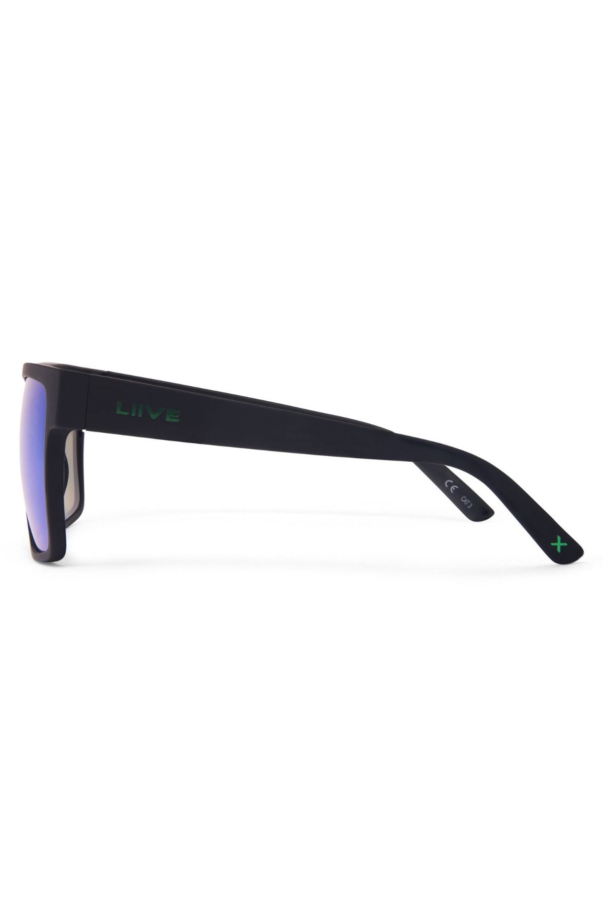 The Liive X Wrath X Mirror Polar Sunglasses feature black rectangular frames, a side arm with a green "Liive" logo and plus sign, impact-resistant polarized lenses, and a subtle reflective tint.