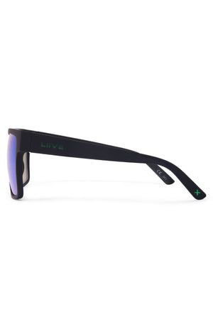 The Liive X Wrath X Mirror Polar Sunglasses feature black rectangular frames, a side arm with a green "Liive" logo and plus sign, impact-resistant polarized lenses, and a subtle reflective tint.