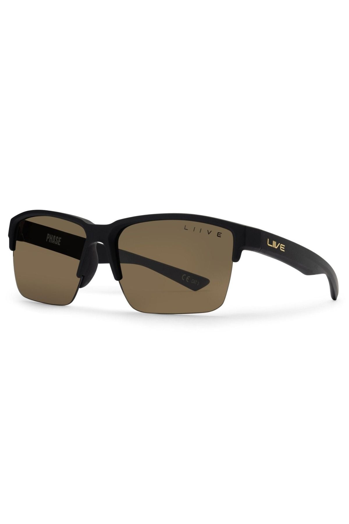 The Liive X Phase X Sunglasses feature a sporty, modern semi-rimless black frame with brown lenses. "LIIVE" is in gold on the arm, and "PHASE" is printed inside—ideal lifestyle shades for everyday wear.