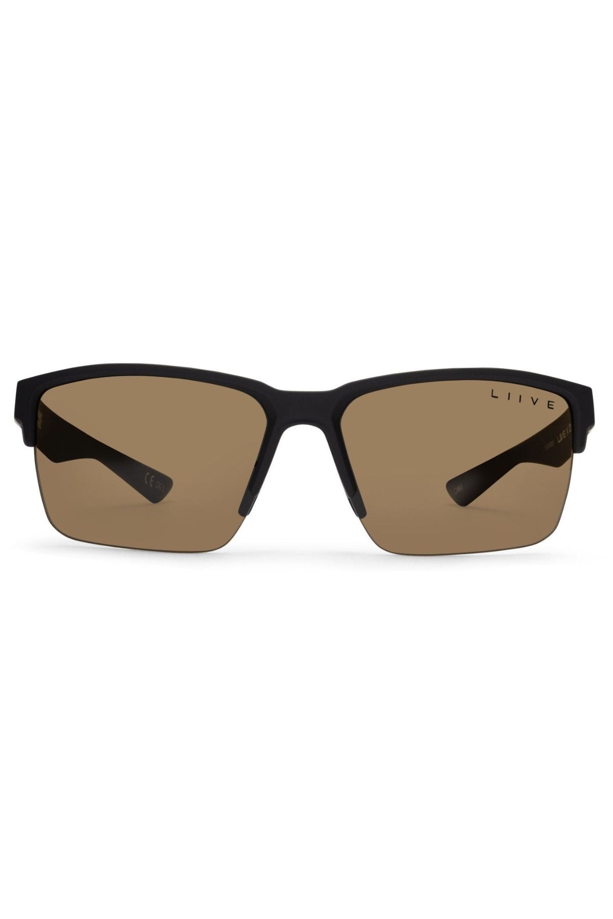 Liive X Phase X Sunglasses feature a matte black rectangular frame and brown-tinted lenses, with "LIIVE" subtly printed on the right lens—ideal lifestyle eyewear for daily use.