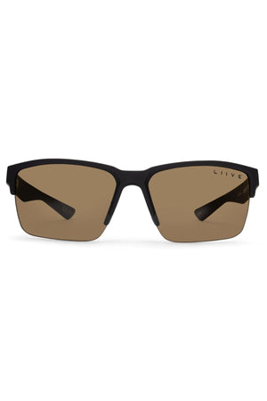 Liive X Phase X Sunglasses feature a matte black rectangular frame and brown-tinted lenses, with "LIIVE" subtly printed on the right lens—ideal lifestyle eyewear for daily use.