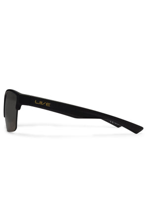 The Liive X Phase X Sunglasses feature a sleek black rectangular frame with "LIVE" in gold on the temple arm—a minimalist design ideal for everyday wear.