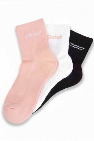 The Lorna Jane 3pk LJ Quarter Crew Socks includes three pairs in pink, white, and black with ribbed design, cushioned soles, and a minimalist logo near the top, all displayed overlapped on a white background.