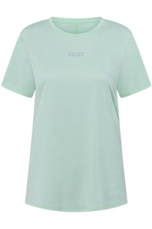 The Lorna Jane Amy Dynamic Active T-Shirt is a light green womenβs short-sleeve workout top with a round neckline, subtle "000" chest logo, minimal design, and made from quick-drying activewear fabric.