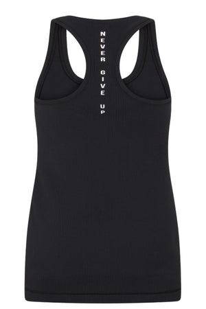 The Lorna Jane Amy Fitted Active Rib Tank is a black racerback top with "NEVER GIVE UP" printed in white on the upper back. Made from moisture-wicking fabric, it keeps you cool during every workout.