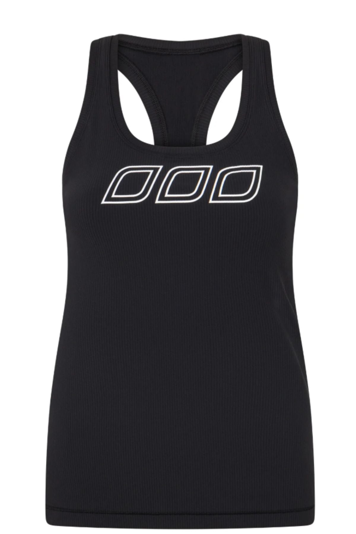 The Lorna Jane Amy Fitted Active Rib Tank is a black moisture-wicking racerback top with a white outlined graphic of three overlapping ovals on the chest.