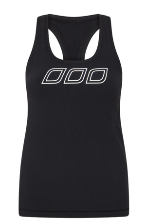 The Lorna Jane Amy Fitted Active Rib Tank is a black moisture-wicking racerback top with a white outlined graphic of three overlapping ovals on the chest.