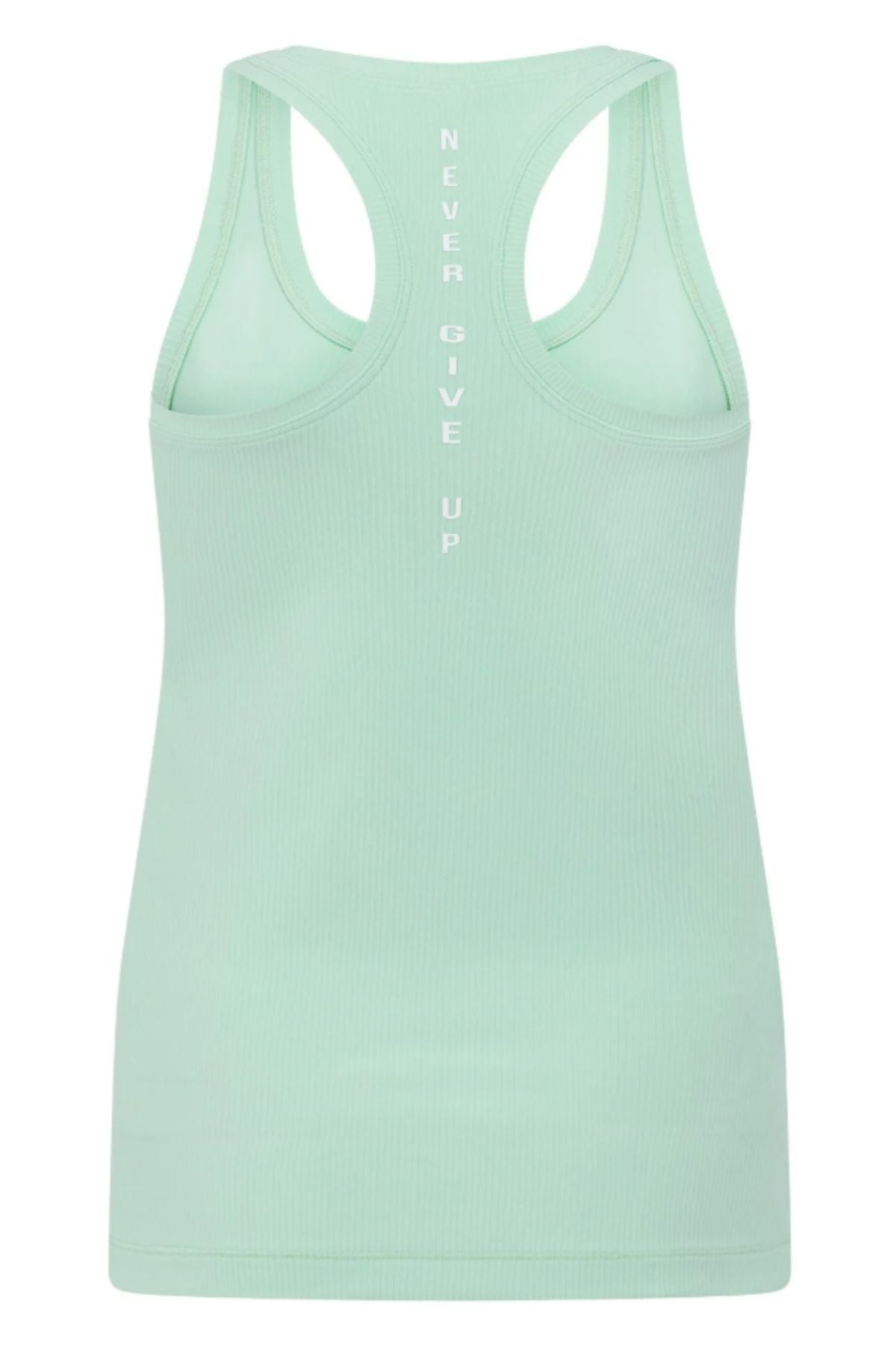 The Lorna Jane Amy Fitted Active Rib Tank is a green racerback tank top with white text.