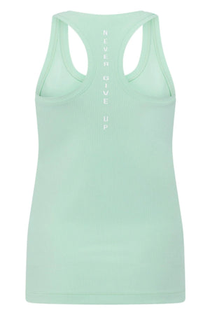 The Lorna Jane Amy Fitted Active Rib Tank is a green racerback tank top with white text.