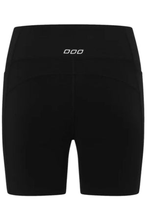 The Lorna Jane Amy Phone Pocket Tech Bike Shorts are black athletic shorts seen from the back, with a high waistband and a small white logo, offering smooth, fitted fabric and 4-way stretch for comfort and performance.