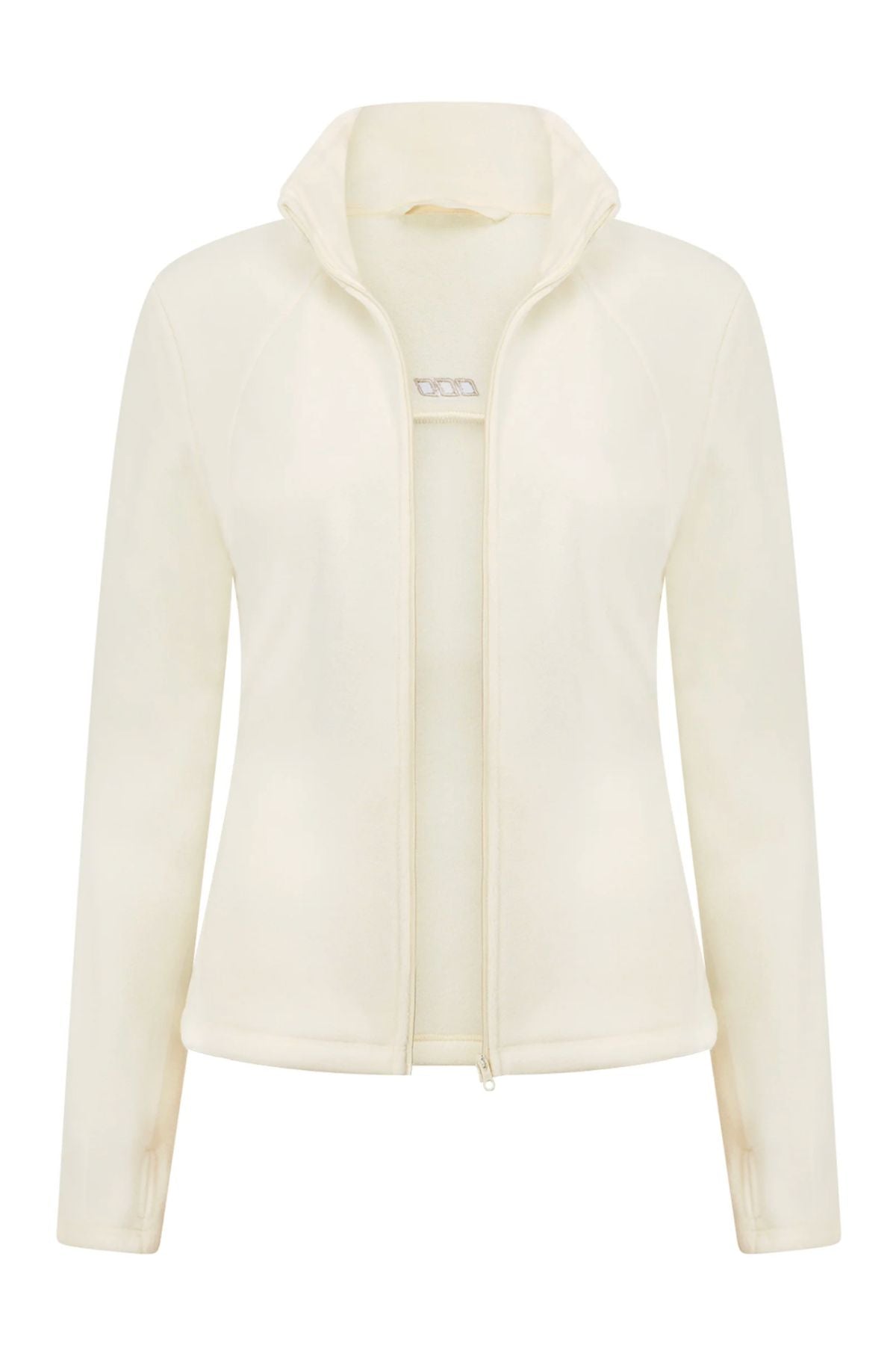 The Lorna Jane Amy Polar Fleece Zip Through Jacket is a cream-colored, long-sleeve jacket with a high collar and zip front. Shown on a white background, it has a soft, fitted silhouette and features a simple, minimalistic design.