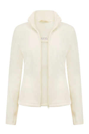 The Lorna Jane Amy Polar Fleece Zip Through Jacket is a cream-colored, long-sleeve jacket with a high collar and zip front. Shown on a white background, it has a soft, fitted silhouette and features a simple, minimalistic design.