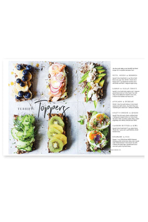 Six slices of toast with colorful toppings are arranged on a white surface alongside a topping list, inspired by "Lorna Jane Eat Good Food"—ideal for cookbook ideas or making healthy, delicious choices.