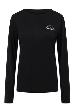 The Lorna Jane Lotus Long Sleeve Top is a plain black shirt with subtle white "Lorna Jane Athletics" text on the upper left chest, perfect for layering or workouts. Shown against a simple white background.