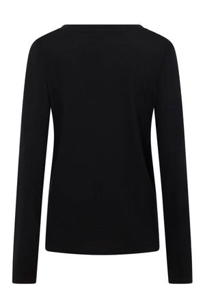 Back view of the Lorna Jane Lotus Long Sleeve Top in plain black with a crew neckline, set against a white background—ideal for versatile activewear style.