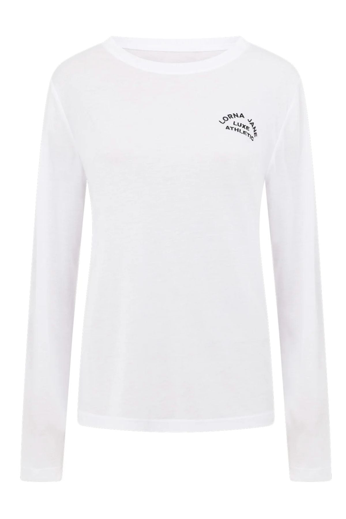 The Lorna Jane Lotus Long Sleeve Top is a plain white top with a small, curved black "Lorna Jane Athletic" logo on the upper left chest—ideal for effortless activewear style.
