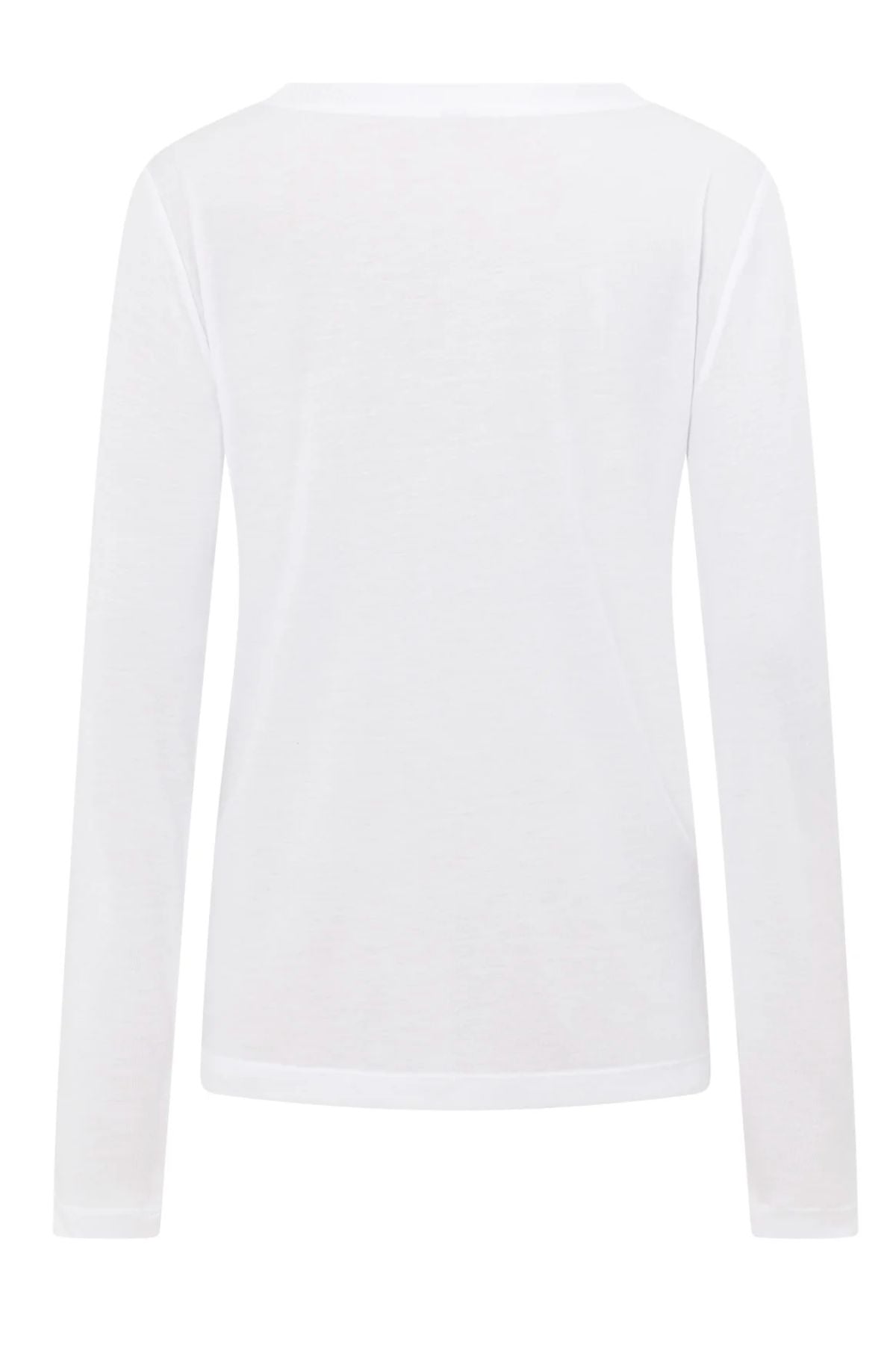 Back view of the Lorna Jane Lotus Long Sleeve Top in plain white with a round neckline and classic activewear style, shown against a white background.