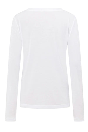 Back view of the Lorna Jane Lotus Long Sleeve Top in plain white with a round neckline and classic activewear style, shown against a white background.
