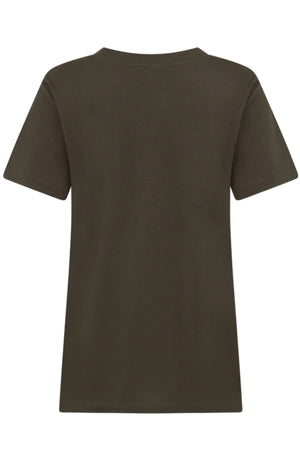 The back view of the Lorna Jane Lotus T-Shirt is shown against a white background—a plain, short-sleeved dark green top ideal for women’s sportswear and an active lifestyle.
