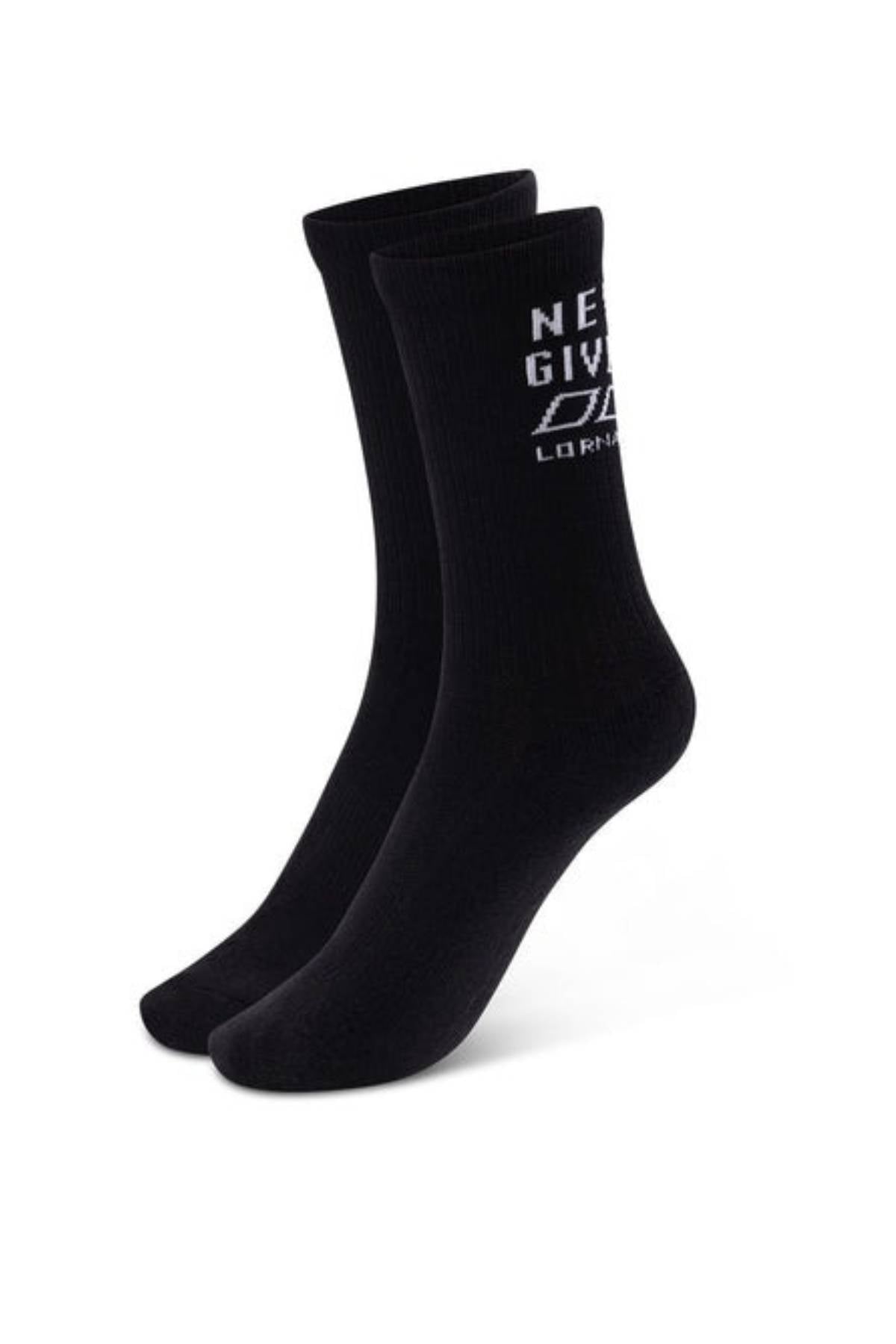 The Lorna Jane Never Give Up Arch Support Crew Socks are black crew socks with ribbed cuffs, cushioned soles, and white text near the top that reads "NEVER GIVE UP" and "LORNA," shown on a plain white background.