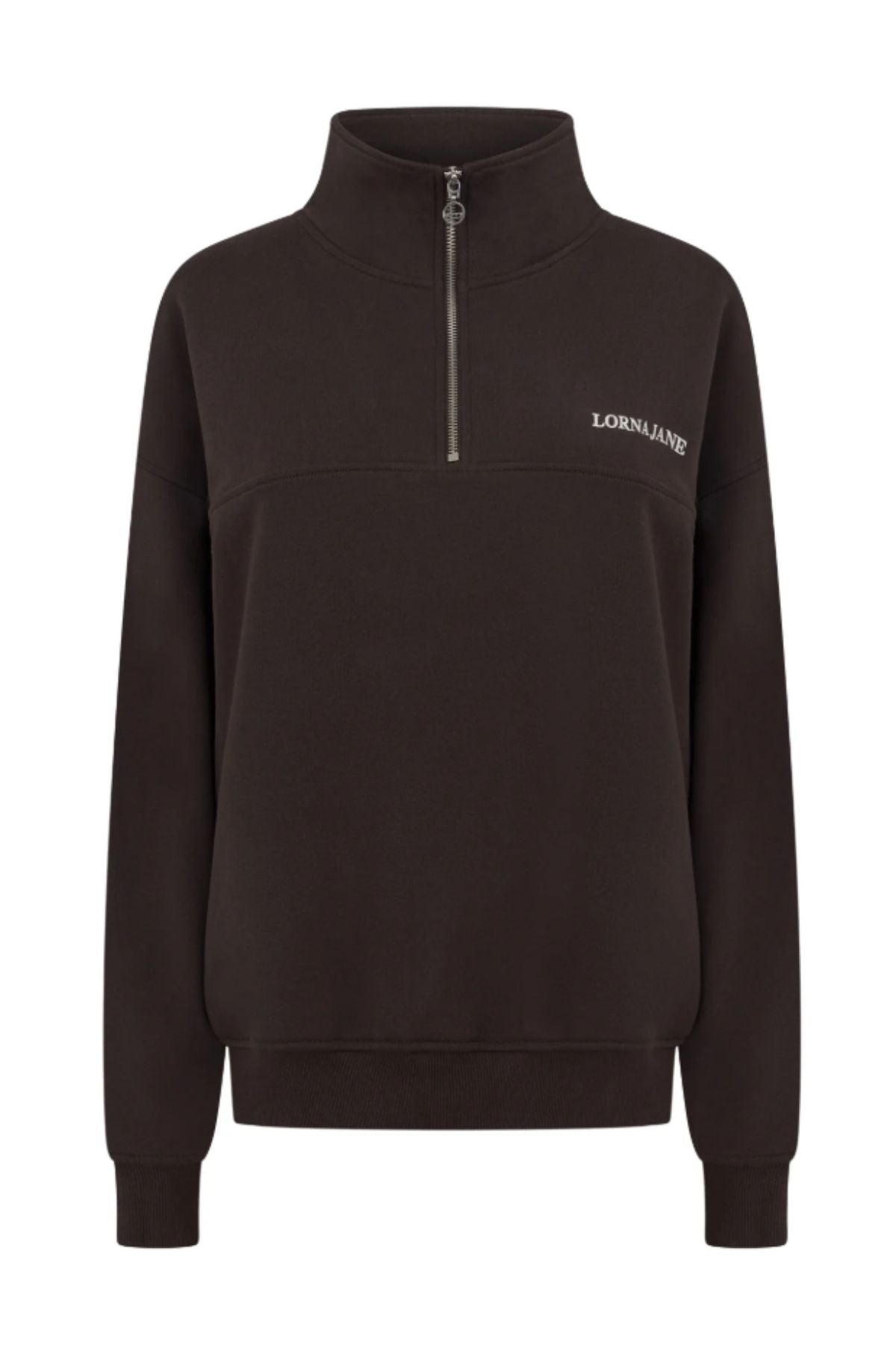 The Lorna Jane Streamline Quarter Zip Sweat is a black, long-sleeve cotton terry top with a half-zip front and stand-up collar. βLORNA JANEβ is printed in white on the left chest, offering a simple, casual layering essential.