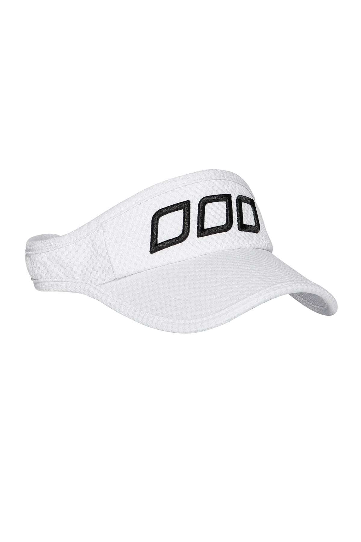 The Lorna Jane Ventilation Visor is a white sports visor with mesh fabric for optimal ventilation, featuring three black rectangular outlines on the front panel.