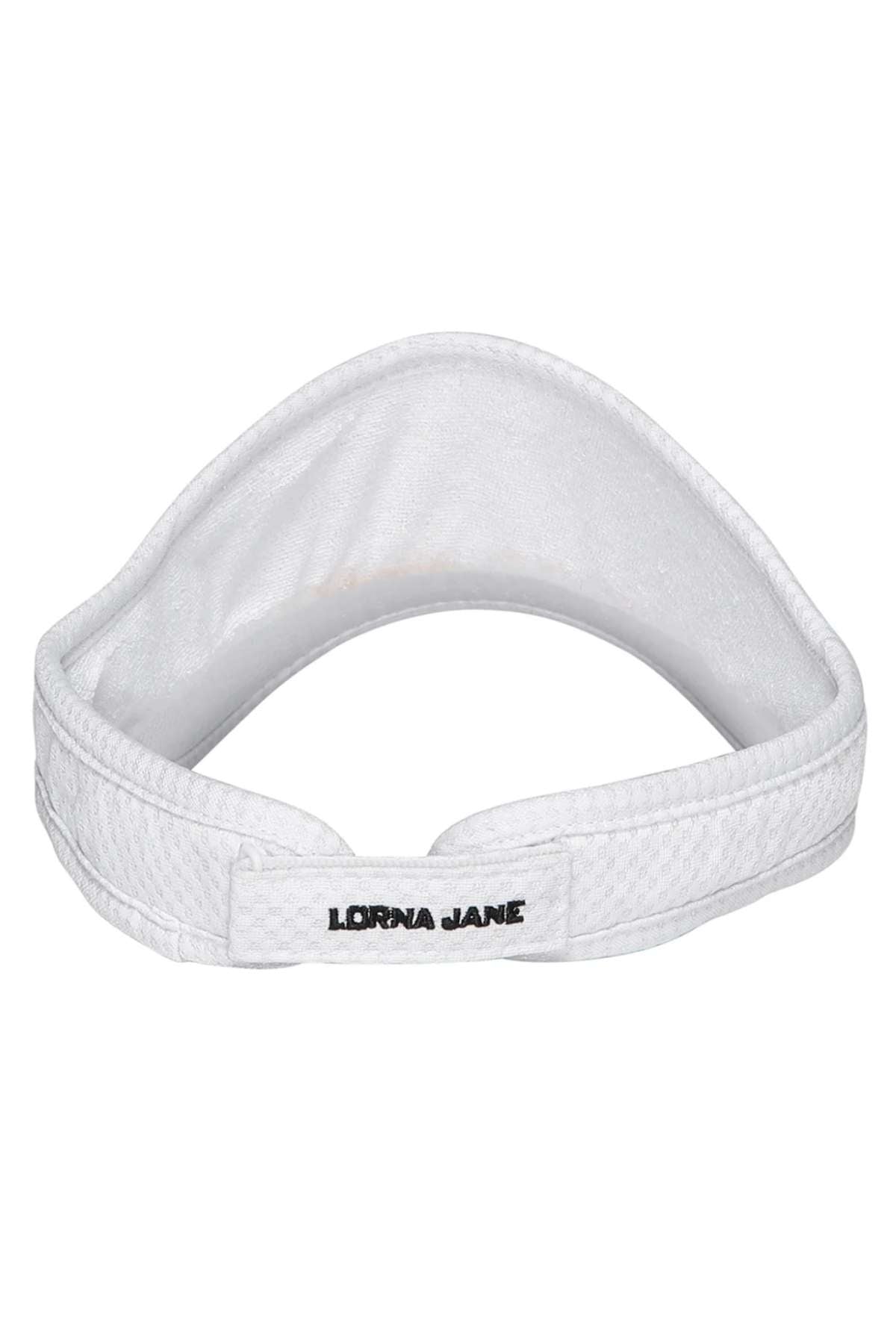 The Lorna Jane Ventilation Visor is a white sports visor with breathable mesh fabric and "LORNA JANE" embroidered in black on the adjustable back strap, shown from the rear.