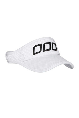 The Lorna Jane Ventilation Visor is a white sports visor with mesh fabric for optimal ventilation, featuring three black rectangular outlines on the front panel.
