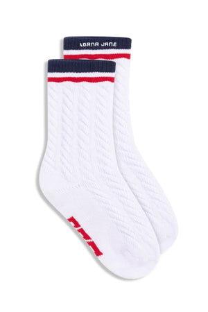 Lorna Jane LJ Cable Knit Scrunch Socks in white with red and navy stripes at the top and "LORNA JANE" branding on the cuffβideal for adding style and comfort to any look.