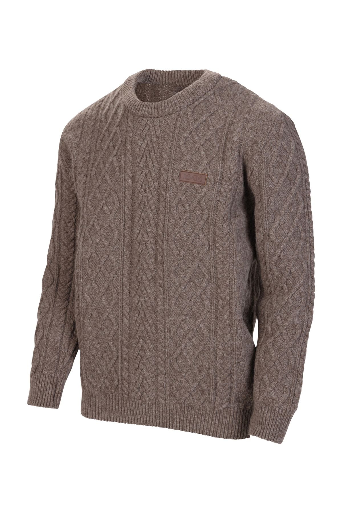 The MKM Highland Sweater is a brown, long-sleeved pullover made from 100% New Zealand lambswool with a cable-knit design, round neckline, and a small rectangular patch on the left chest, shown against a plain white background.