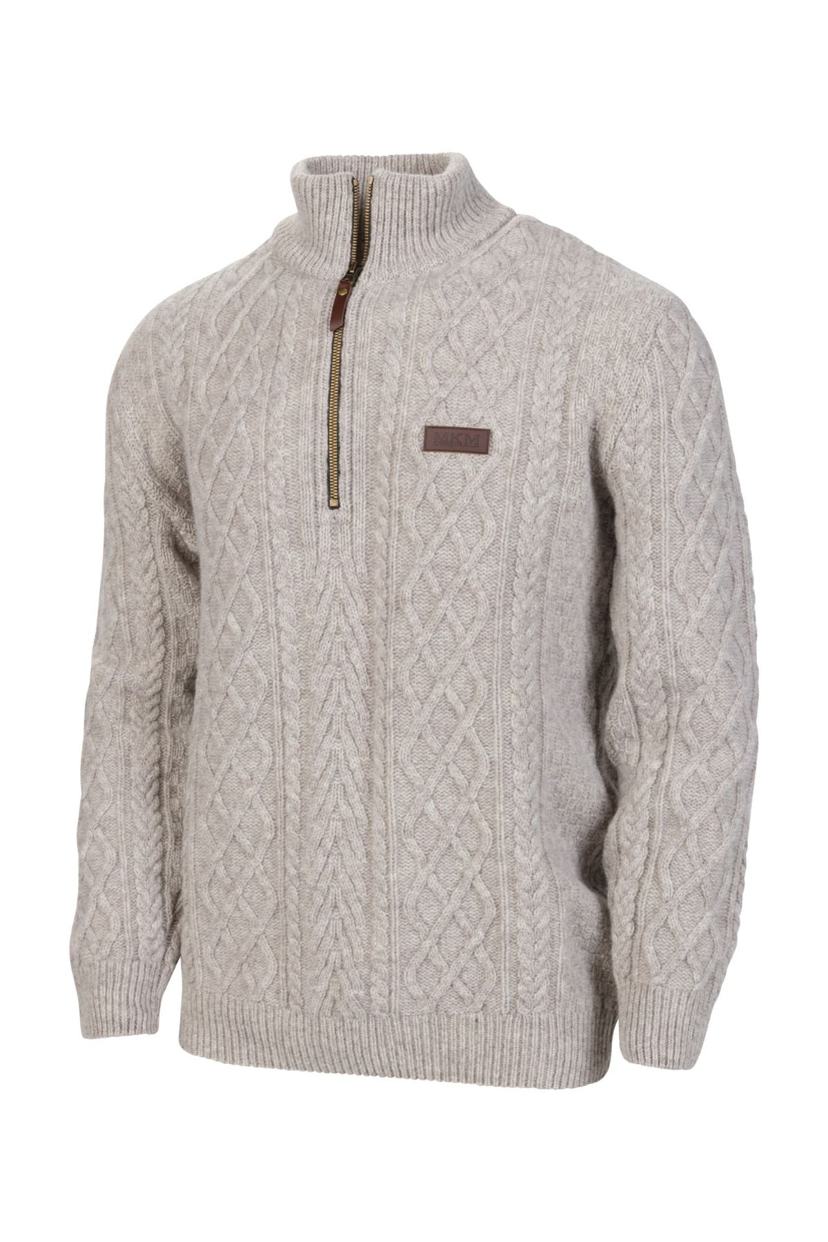 The MKM Highland Half Zip Sweater features light gray lambswool, a stand-up collar, brown half-zip closure, ribbed cuffs and hem, and a small brown patch on the left chest.