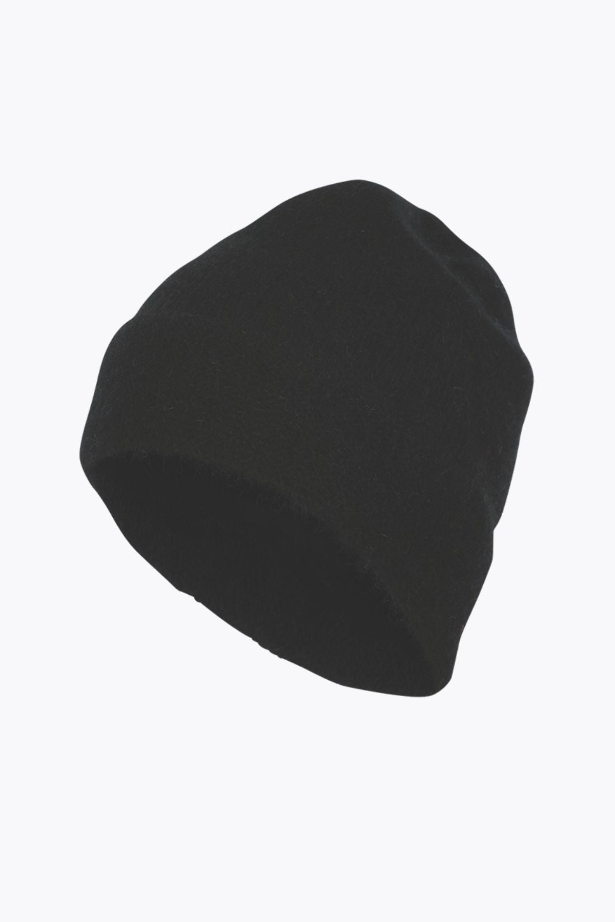 The MKM Plain Beanie Possum, a sleek black merino cap with a simple, seamless design, sits elegantly against a white background.