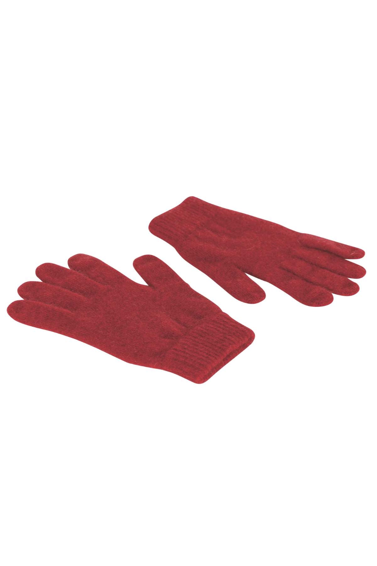 A pair of MKM Possum Wool Gloves in red, crafted in New Zealand from a Merino blend, showcasing both front and back with ribbed cuffs and a simple design on a white background.