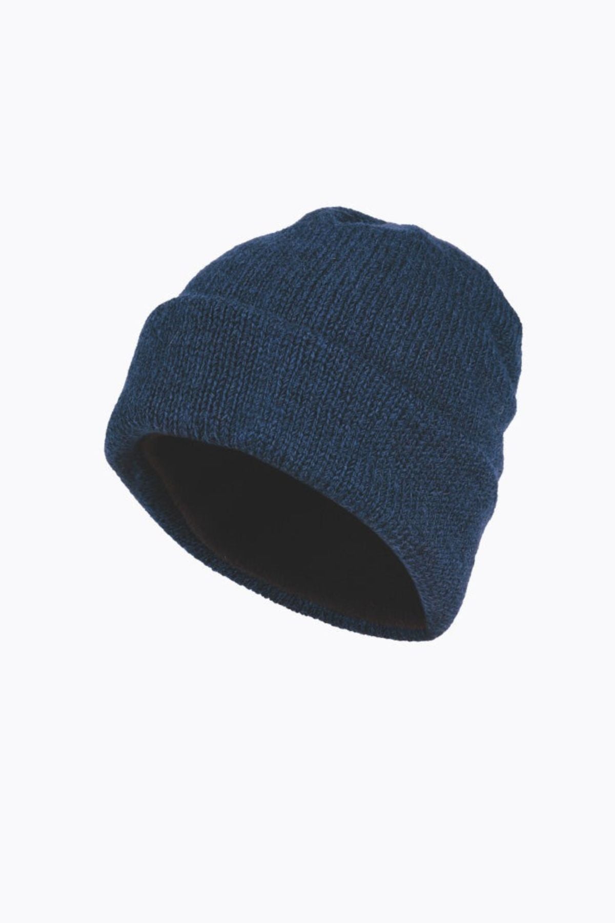The MKM Wool Fleece Lined Beanie, shown in dark blue with a folded brim, is crafted from soft New Zealand wool and displayed on a white background—ideal for outdoor enthusiasts.
