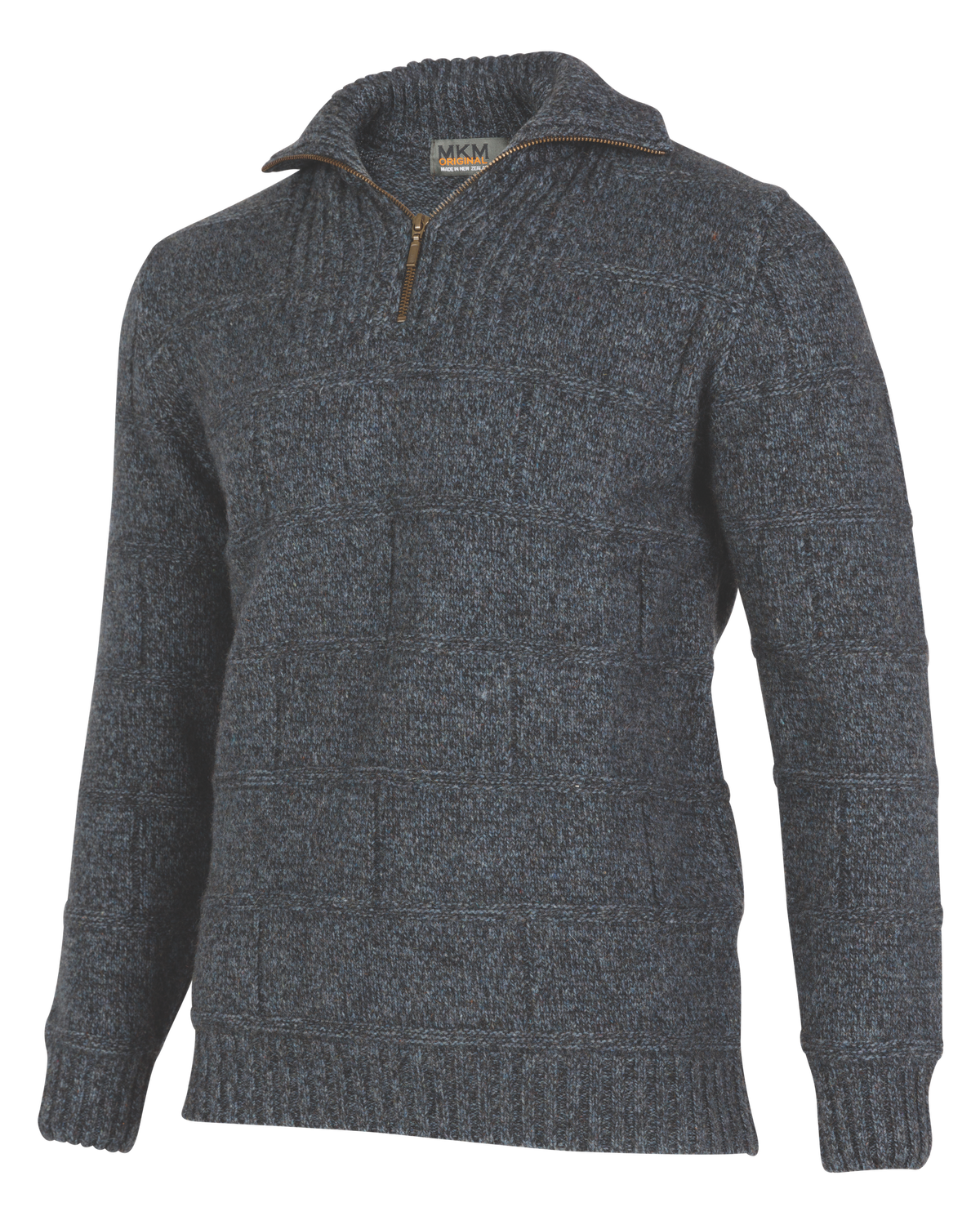 The MKM Marlborough is a grey woolen sweater crafted from superfine Merino wool, showcasing a high, folded collar with a short front zipper. This knit sweater boasts a textured pattern along with ribbed cuffs and hem, and the label inside the collar reads "MKM.