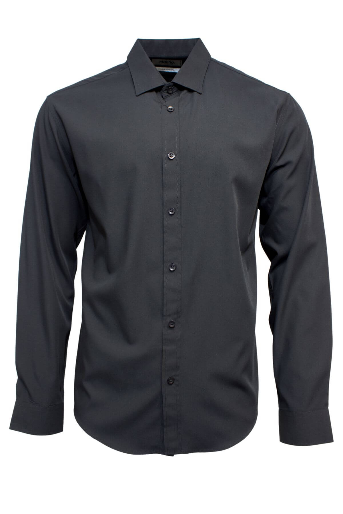 The Maurio Bamboo Business Shirt is a stylish black, long-sleeve, collared button-up, displayed on a white background.