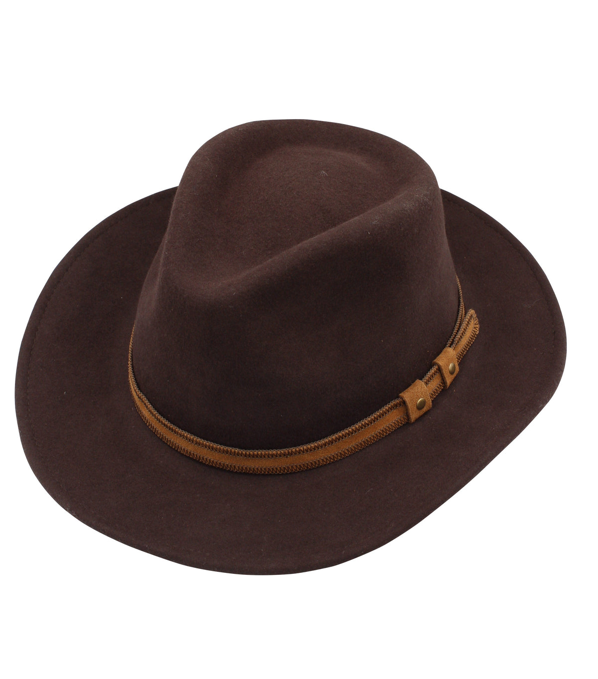 The M By Flechet Crushable Wool Felt Hat is a brown fedora with a medium-wide brim and a brown band with buckle—ideal for outdoor occasions and stylish adventures.