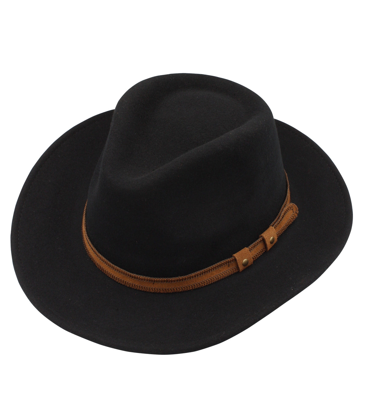 The M By Flechet Crushable Wool Felt Hat features a stylish tan band adorned with small brass studs, making it perfect for the modern adventurer.