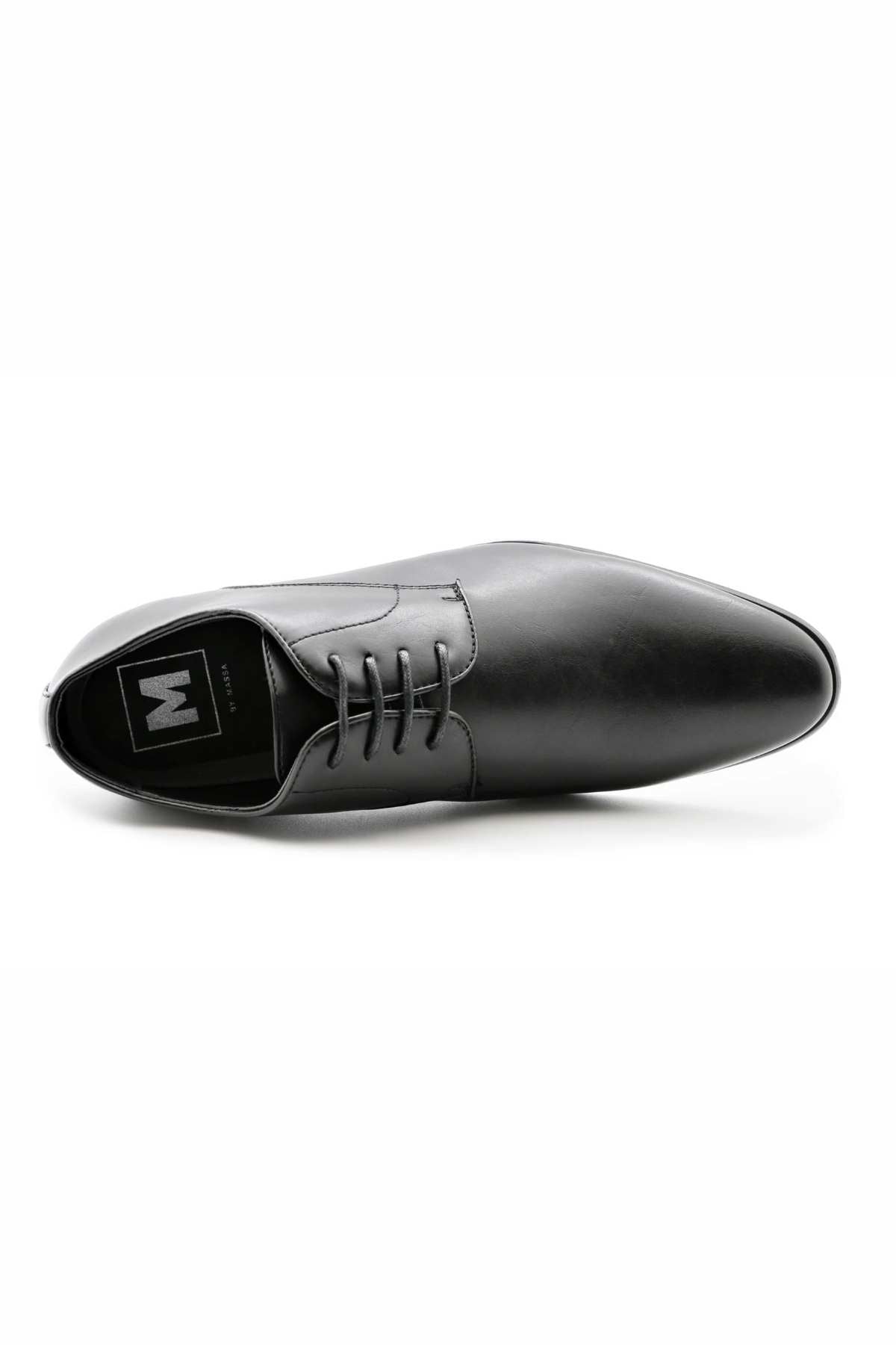 Top view of a single Messa Pisa Shoe, featuring black leather and water-resistant material. The shoe has a pointed toe and black laces. The inner sole is black with a visible white "M" logo, all set against a white background.