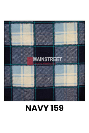 A rectangular fabric swatch showcasing a navy blue and light blue plaid pattern with green and white accents, reminiscent of high-quality Milton Ladies Flannelette Shirts. The word "MAINSTREET" and the phrase "clothing destination" are displayed in red and white text over the fabric, while “NAVY 159” is noted at the bottom.