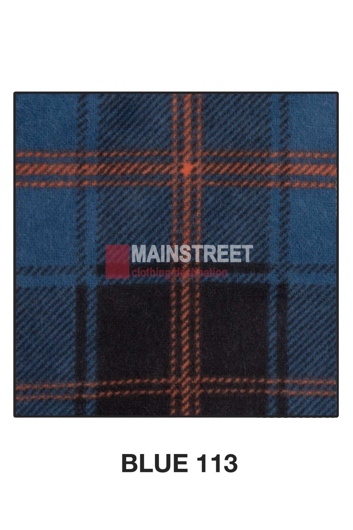A rectangular fabric swatch featuring a blue and black plaid pattern with orange intersecting lines. In the center, the words "MAINSTREET clothing & fashion" are partially visible. Below the swatch, "BLUE 113" is written in capital letters, indicating high-quality cotton suitable for Milton Ladies Flannelette Shirts.
