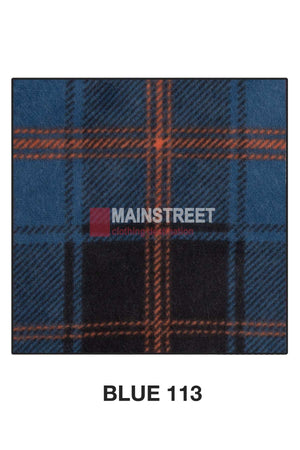 A rectangular fabric swatch featuring a blue and black plaid pattern with orange intersecting lines. In the center, the words "MAINSTREET clothing & fashion" are partially visible. Below the swatch, "BLUE 113" is written in capital letters, indicating high-quality cotton suitable for Milton Ladies Flannelette Shirts.