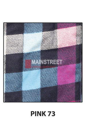A square piece of high-quality cotton fabric featuring a multicolored checkered pattern in black, blue, white, pink, and purple. The text "MAINSTREET" and "leading destination" is partially visible on the fabric. Below the fabric, the text "PINK 73" is printed. Ideal for creating Milton Ladies Flannelette Shirts or garments with ladies sizing.