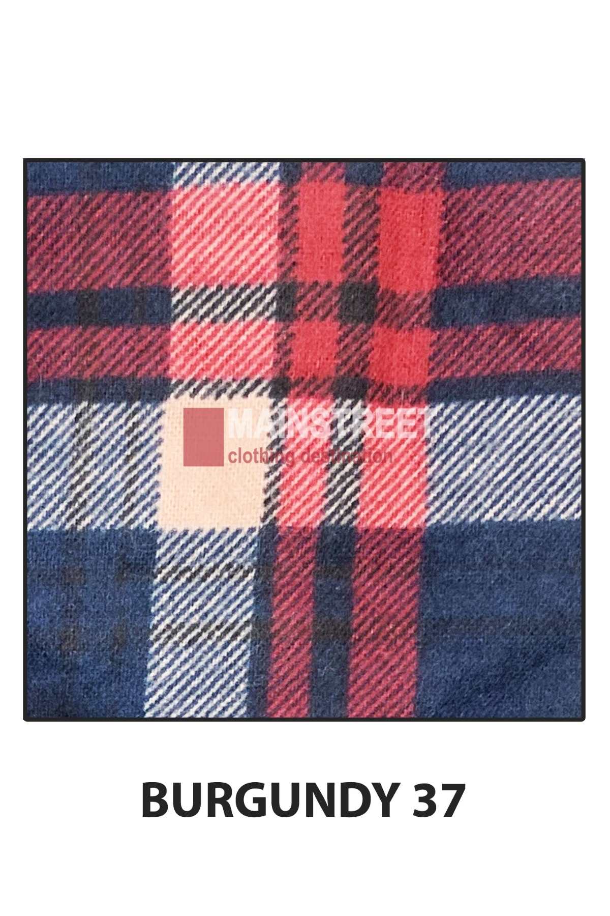 A rectangular image displays a pattern of high-quality cotton fabric featuring a burgundy, navy, and white plaid design with intersecting lines. The word "MAXX-DEEP" is partially visible on this Milton Closed Front Flannelette Shirt - S-2XL. Below the image, the text "BURGUNDY 37" is prominently displayed in bold capital letters.