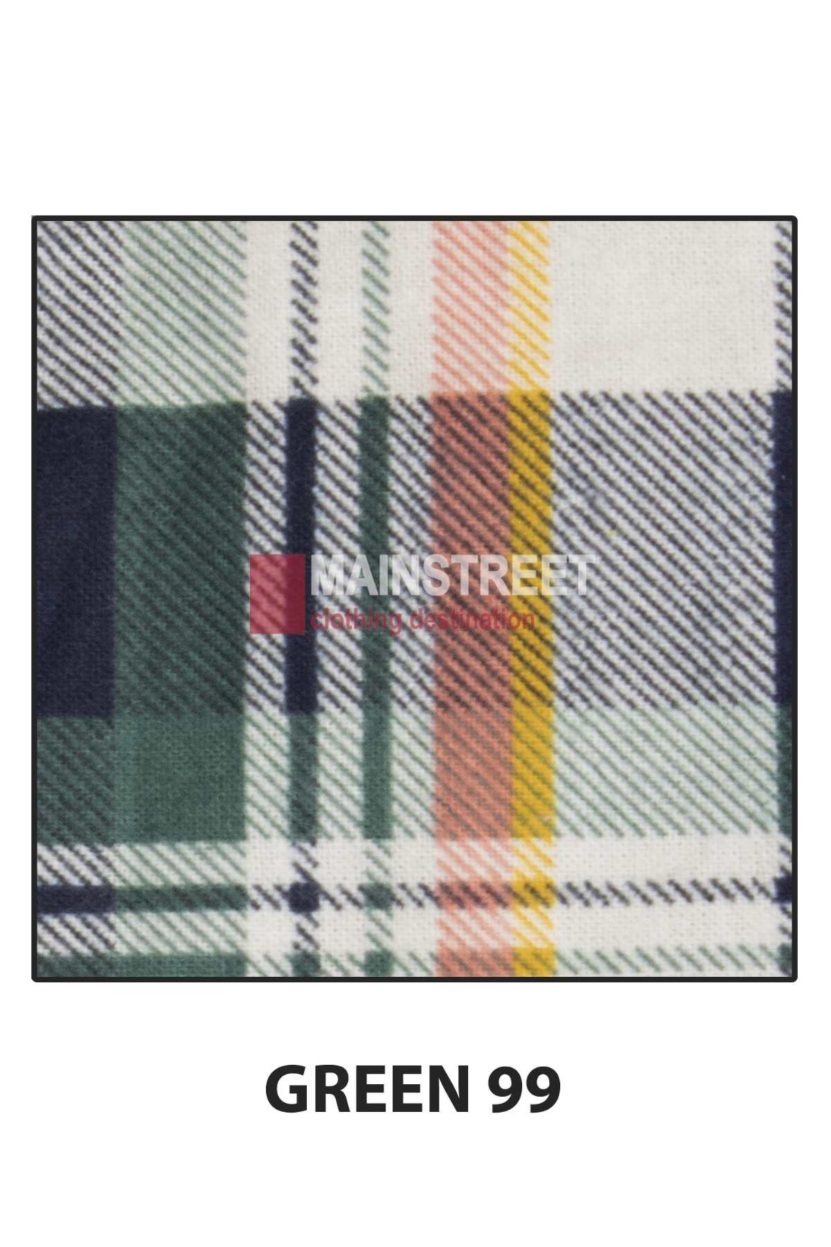 A fabric swatch displaying a plaid pattern with colors including dark green, white, yellow, pink, and black. The text "MAINSTREET" and "GREEN 99" is visible on the high-quality cotton fabric, reminiscent of a Milton Closed Front Flannelette Shirt - S-2XL. The words "GREEN 99" are also written below the swatch.