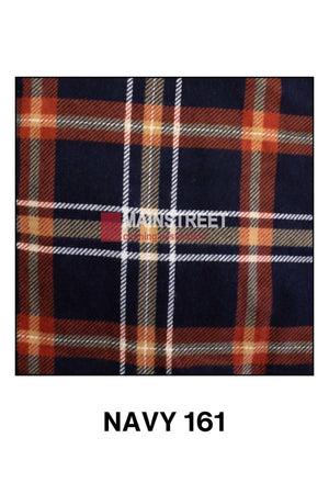 A checkered fabric pattern in navy blue, red, yellow, and white, reminiscent of the high-quality Milton Closed Front Flannelette Shirt - 3XL-4XL, with "MAINSTREET Design Lab" text in the center. Below the pattern, "NAVY 161" is displayed.