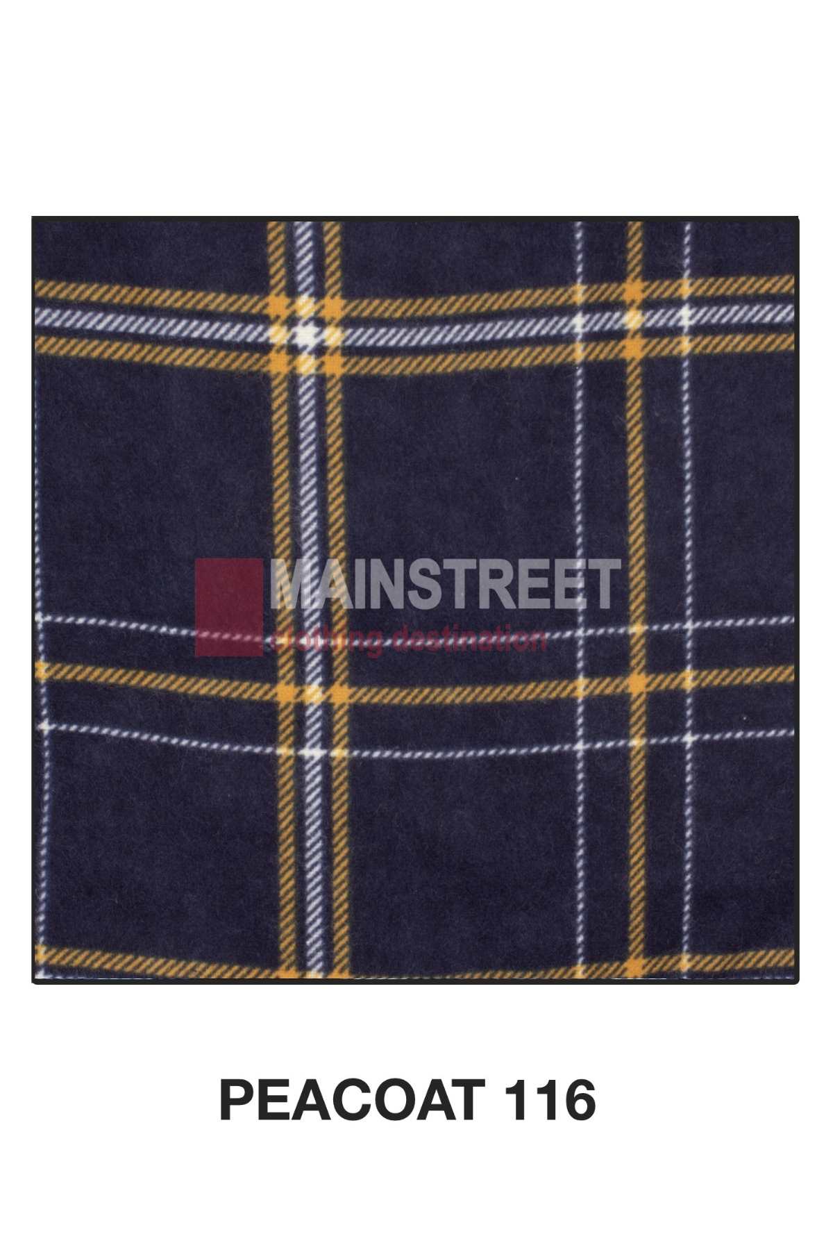 This rectangular fabric sample showcases a plaid pattern of intersecting yellow, white, and light gray lines on a dark blue background. The text "MAINSTREET" is partially visible across the sample, with "PEACOAT 116" displayed below. It is made from the same high-quality cotton used in the Milton Closed Front Flannelette Shirt - S-2XL.