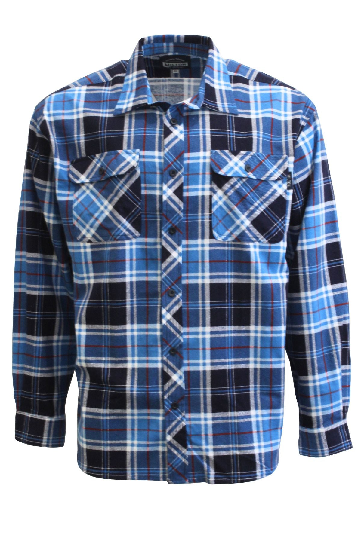 The Milton Open Front Flannelette Shirt is crafted from quality cotton and features a blue, black, and white plaid pattern with long sleeves and double pockets with diagonal plaid designs and buttoned flaps.